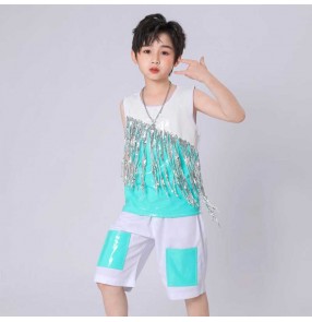 Boys turquoise silver jazz hip hop dance costumes sequins leather glitter kids model show outfits drummer pianist singers dancers performance vest and shorts